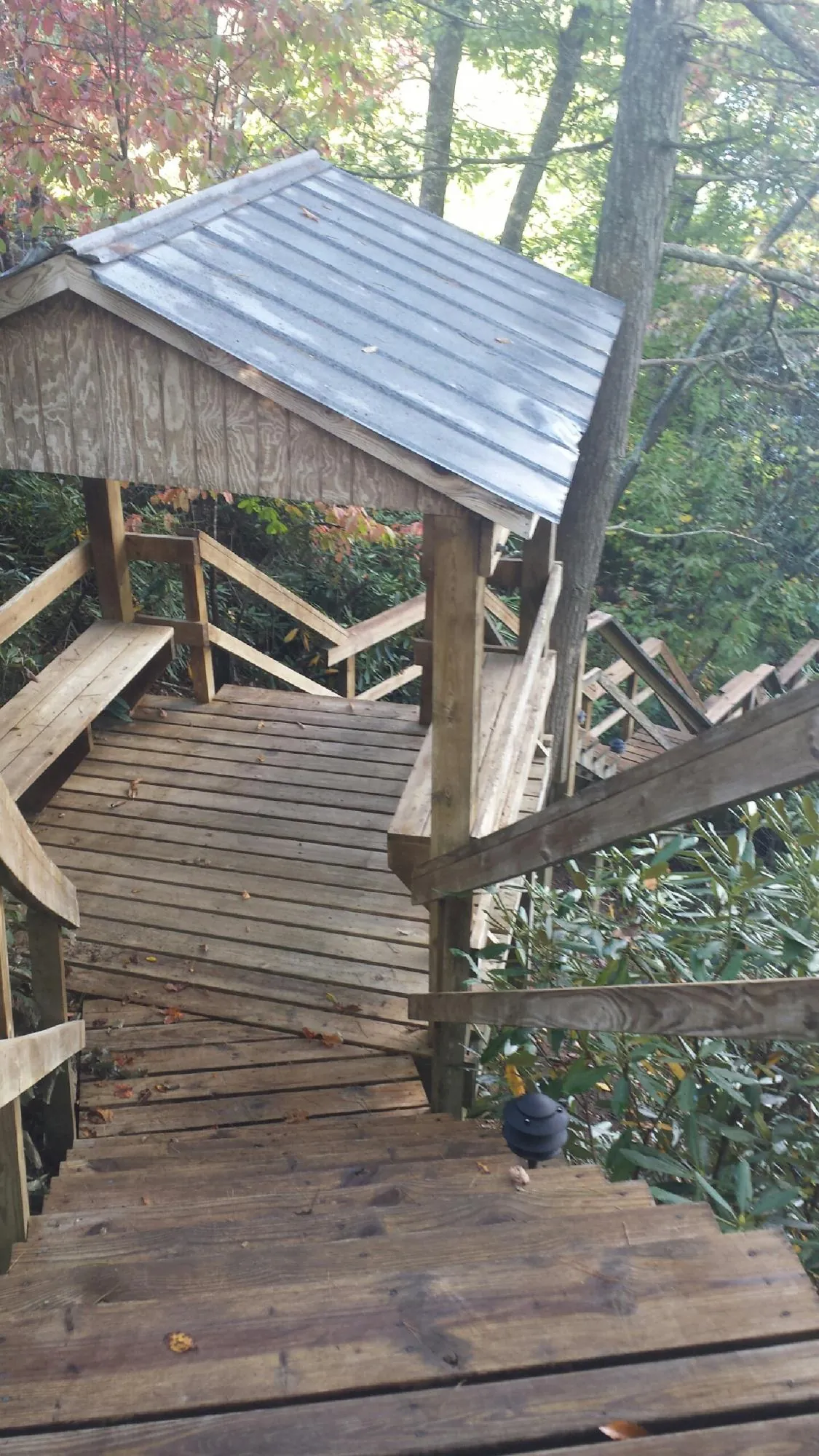 Metal roofed shelter over wooden steps on a wooded walkway — Skylight Repair & Installation work by our crew in Ellicottville
